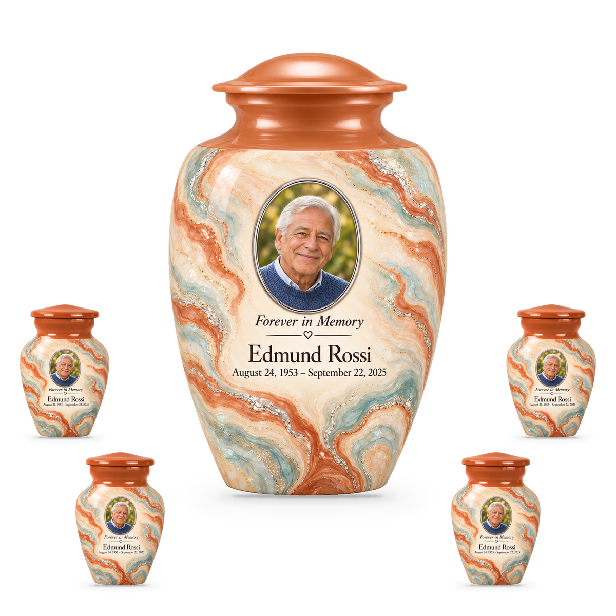 Terracotta Delta adult urn with four keepsakes with fictional sample photo and text.