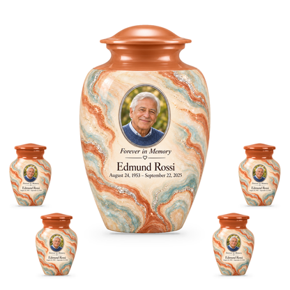 Terracotta Delta adult urn with four keepsakes with fictional sample photo and text.
