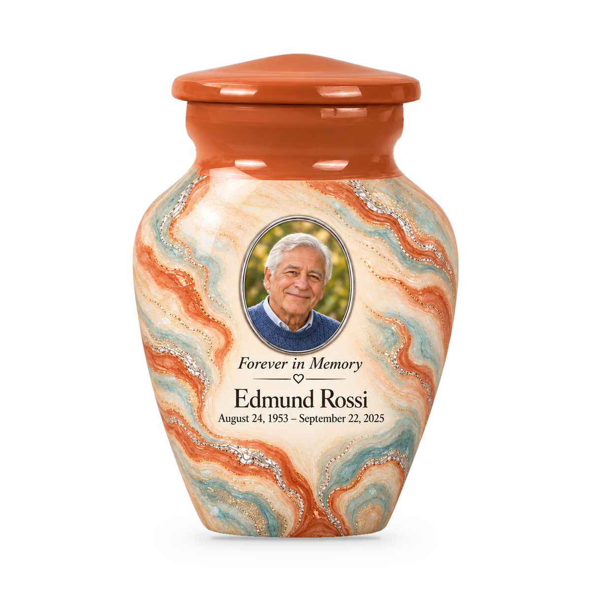 Terracotta Delta single keepsake urn with fictional sample photo and text.
