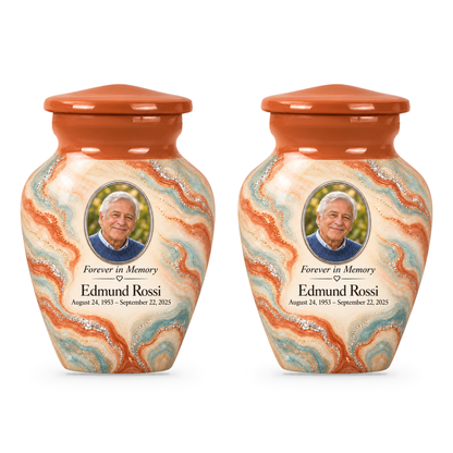 Terracotta Delta set of two keepsake urns with fictional sample photo and text.
