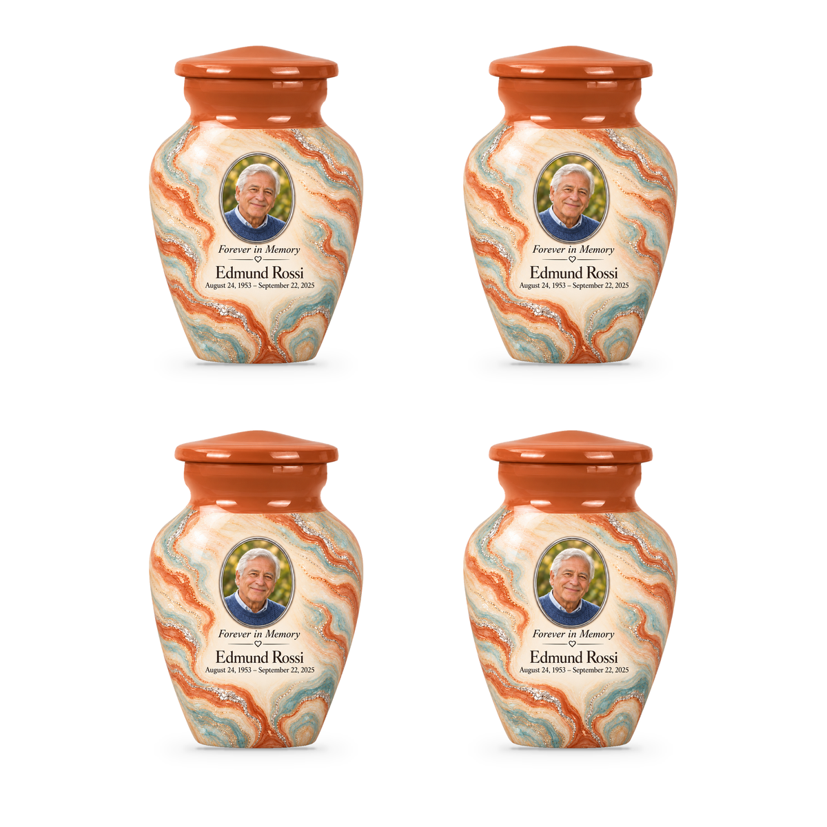 Terracotta Delta set of four keepsake urns with fictional sample photo and text.