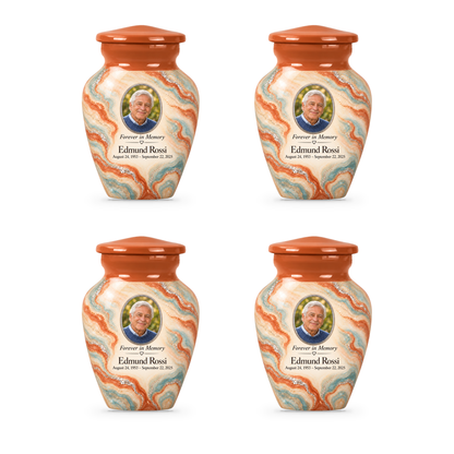 Terracotta Delta set of four keepsake urns with fictional sample photo and text.