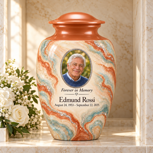 Terracotta Delta adult urn in a columbarium setting with fictional sample photo and text.