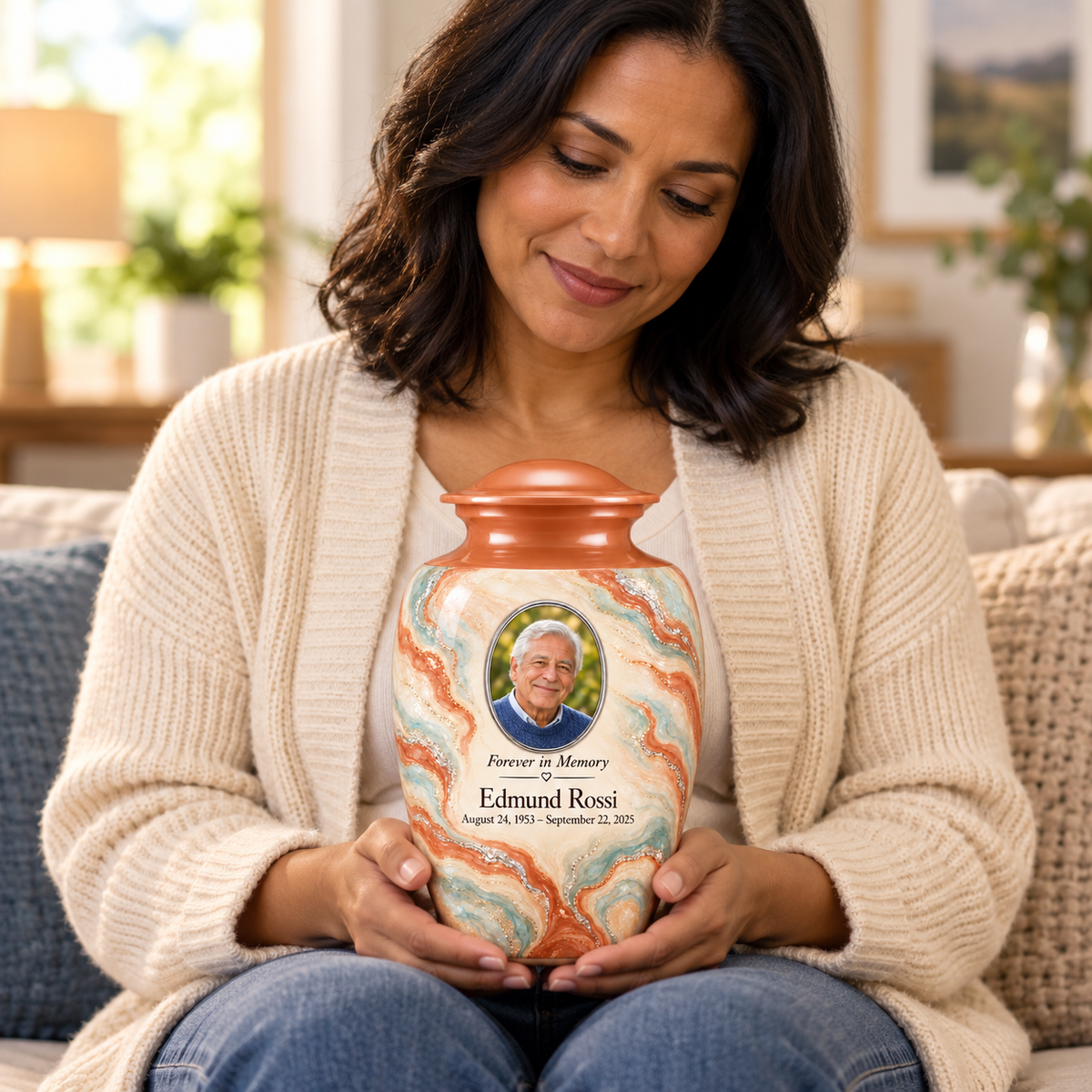 Terracotta Delta adult urn held on a lap with fictional sample photo and text.