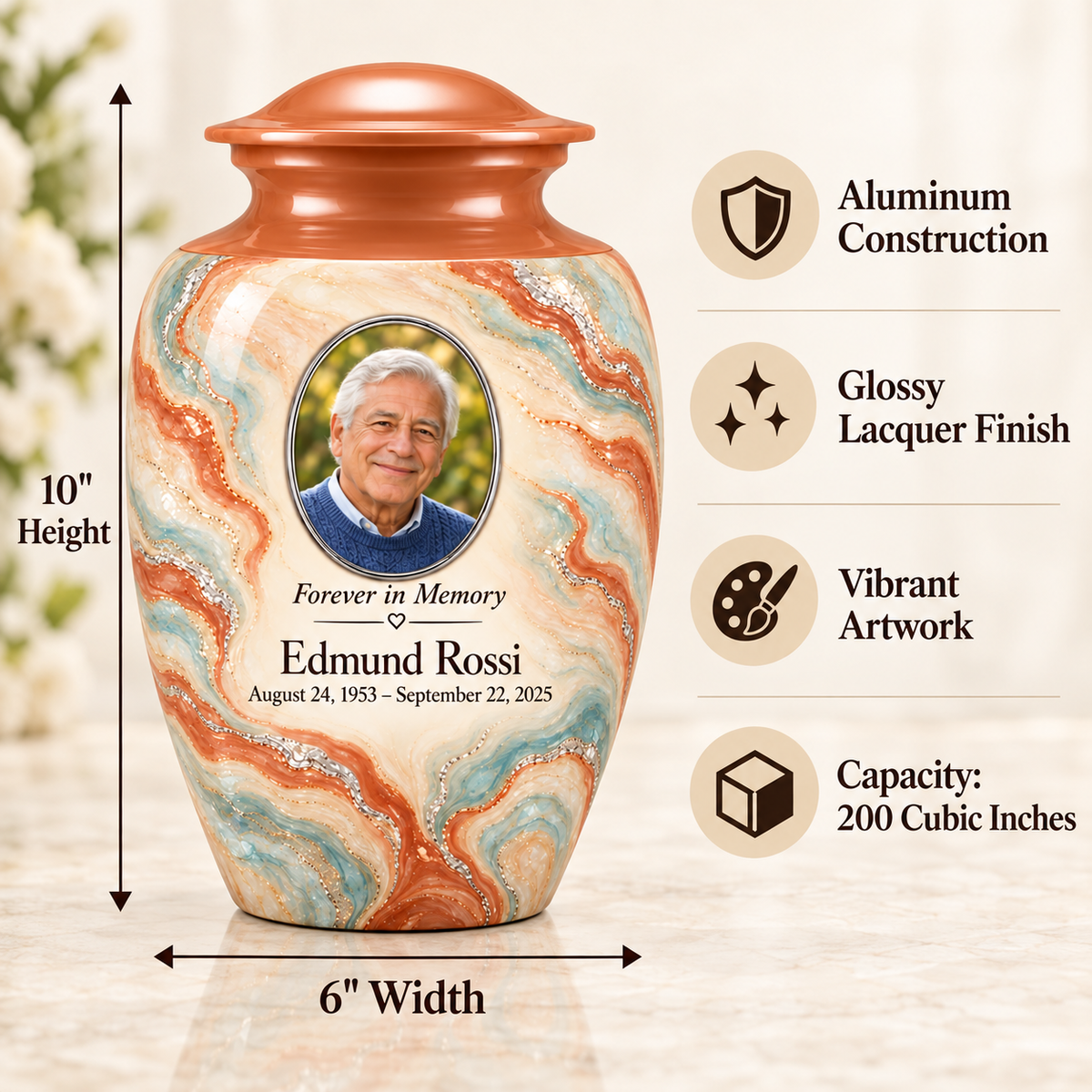Terracotta Delta adult urn size guide: 10 inches high, 6 inches wide, 200 cubic inches with fictional sample photo and text.