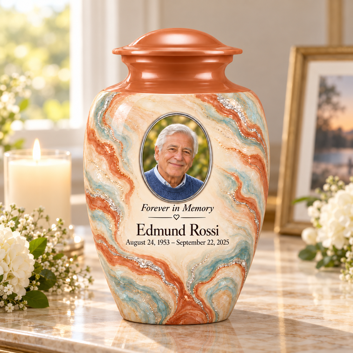 Terracotta Delta adult urn on a memorial console with fictional sample photo and text.