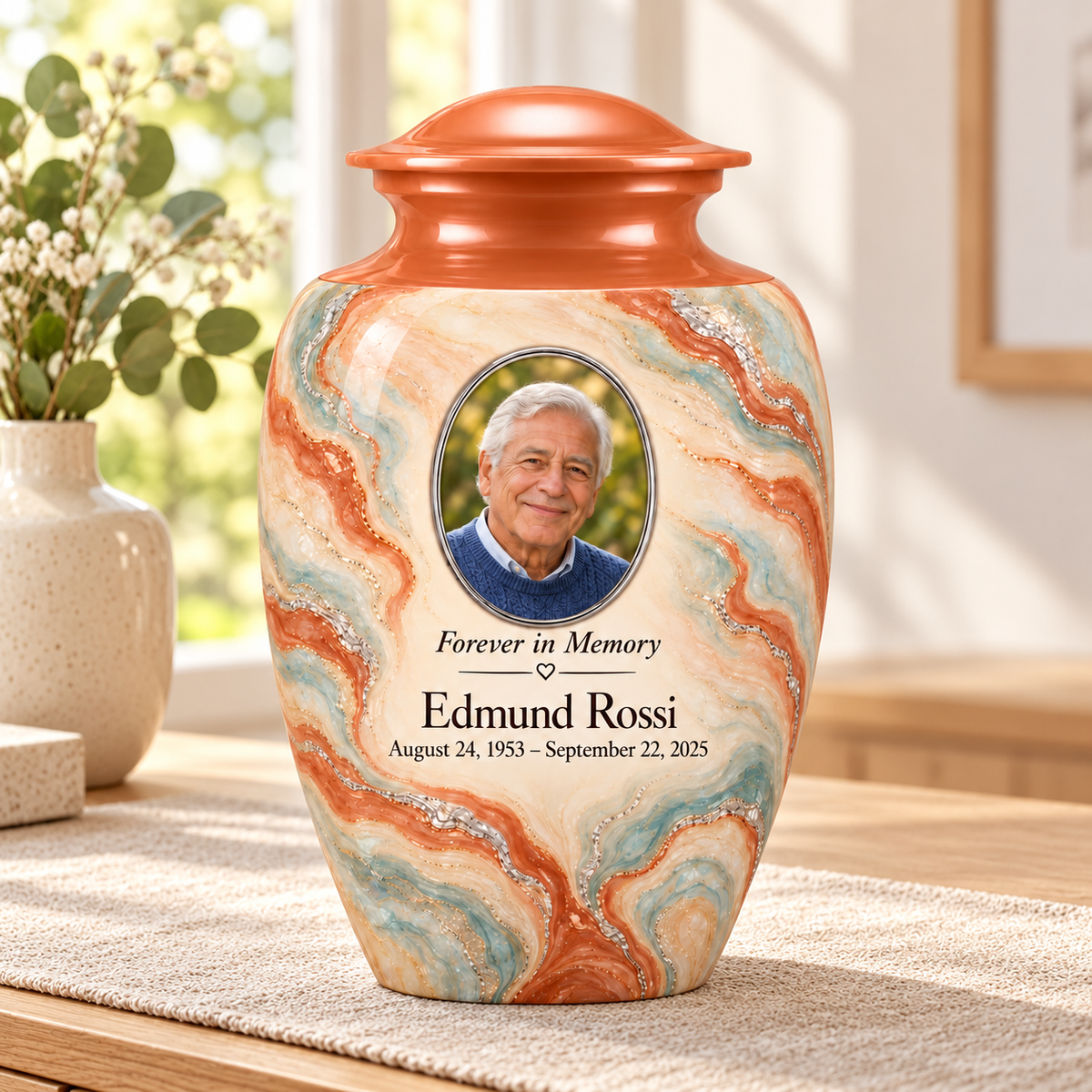 Terracotta Delta adult urn in a sunlit home with fictional sample photo and text.