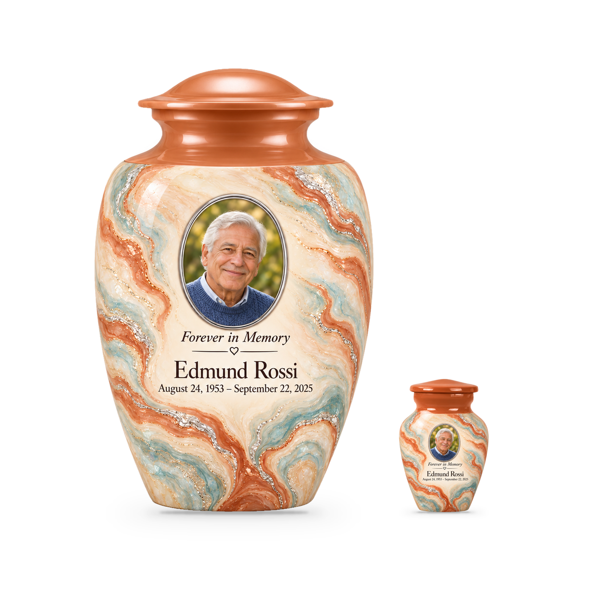 Terracotta Delta adult urn with one keepsake with fictional sample photo and text.