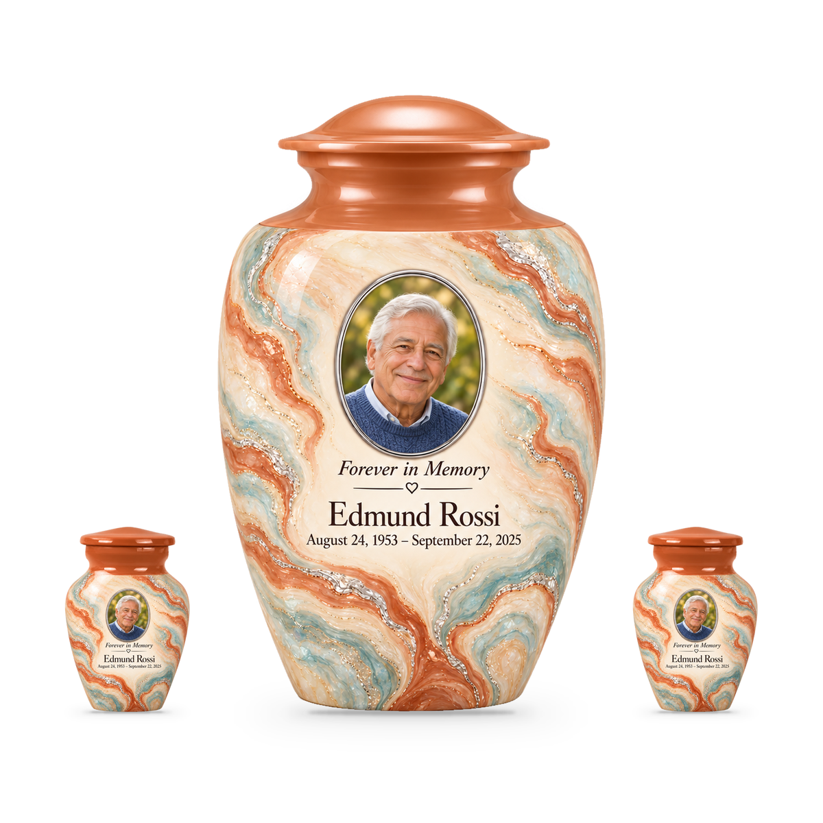 Terracotta Delta adult urn with two keepsakes with fictional sample photo and text.
