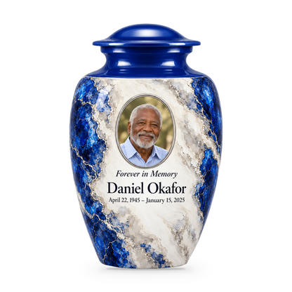 Cobalt Fault adult urn with fictional sample photo and text.