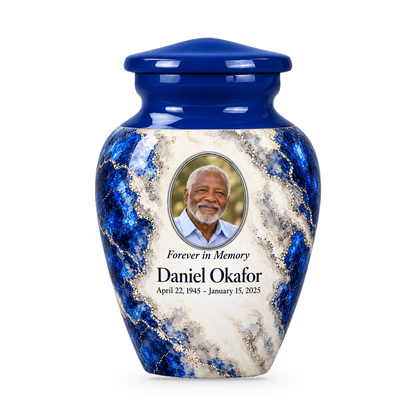 Cobalt Fault single keepsake urn with fictional sample photo and text.
