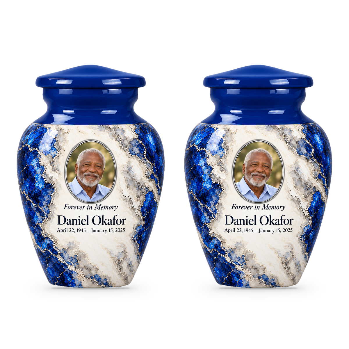 Cobalt Fault set of two keepsake urns with fictional sample photo and text.