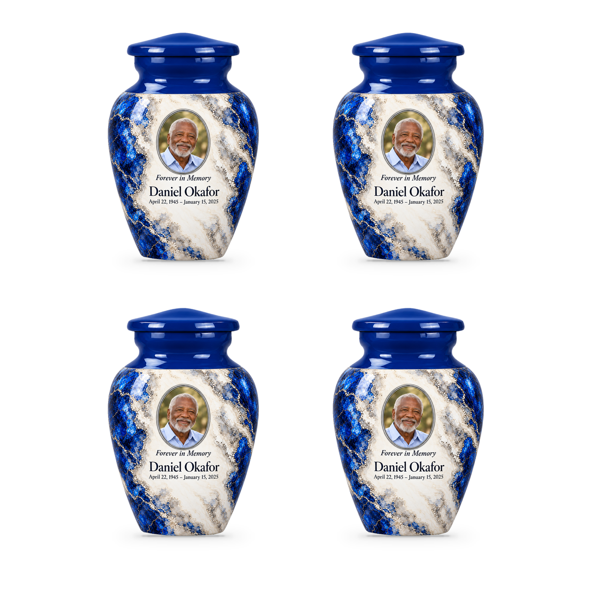 Cobalt Fault set of four keepsake urns with fictional sample photo and text.
