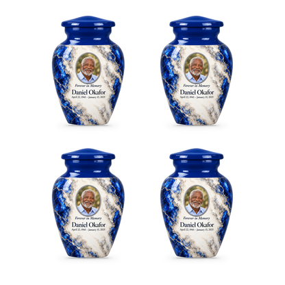 Cobalt Fault set of four keepsake urns with fictional sample photo and text.
