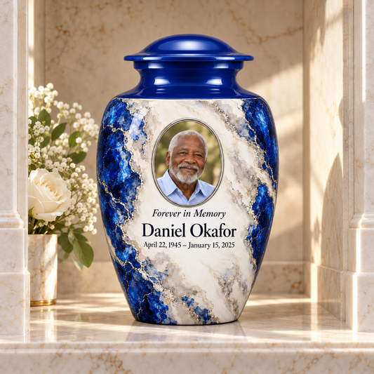 Cobalt Fault adult urn in a columbarium setting with fictional sample photo and text.