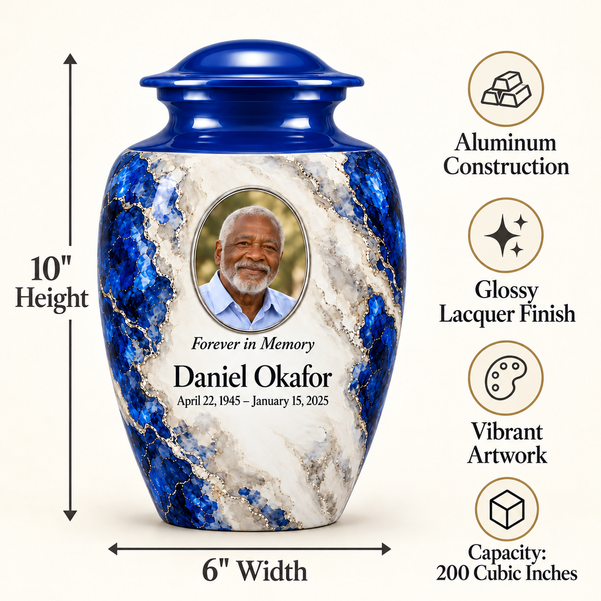 Cobalt Fault adult urn size guide: 10 inches high, 6 inches wide, 200 cubic inches with fictional sample photo and text.