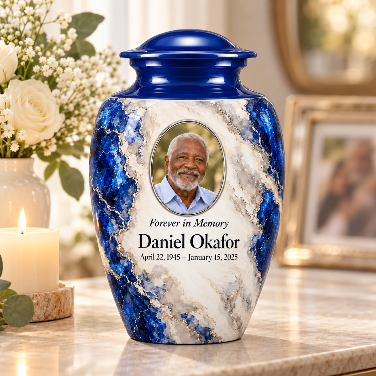 Cobalt Fault adult urn on a memorial console with fictional sample photo and text.