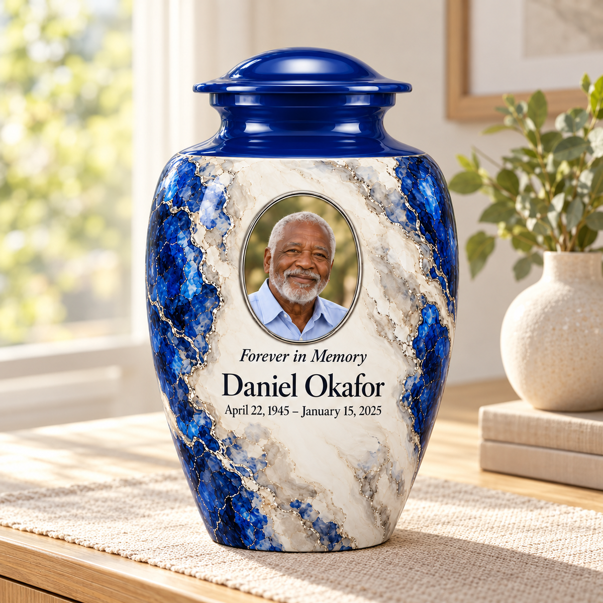 Cobalt Fault adult urn in a sunlit home with fictional sample photo and text.