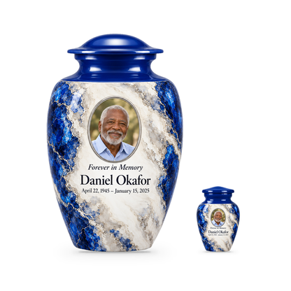 Cobalt Fault adult urn with one keepsake with fictional sample photo and text.