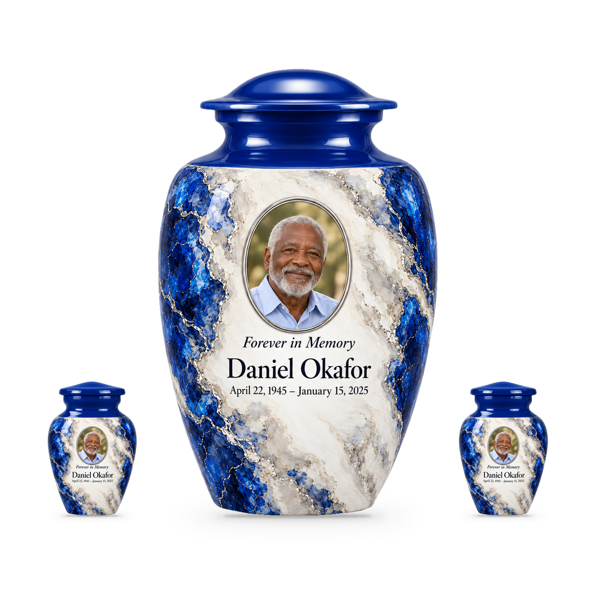 Cobalt Fault adult urn with two keepsakes with fictional sample photo and text.