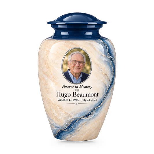 Prussian Driftline adult urn with fictional sample photo and text.