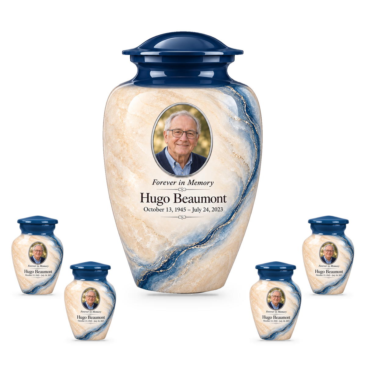 Prussian Driftline adult urn with four keepsakes with fictional sample photo and text.