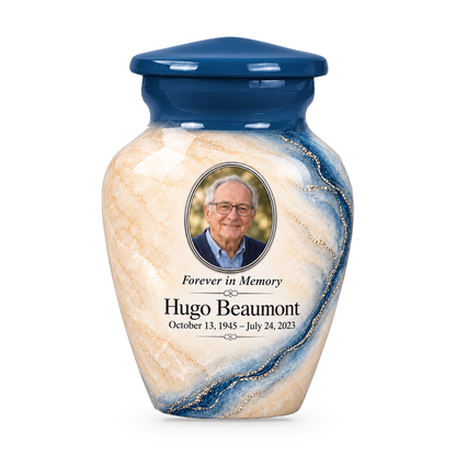 Prussian Driftline single keepsake urn with fictional sample photo and text.