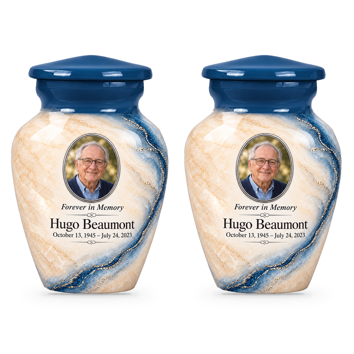 Prussian Driftline set of two keepsake urns with fictional sample photo and text.
