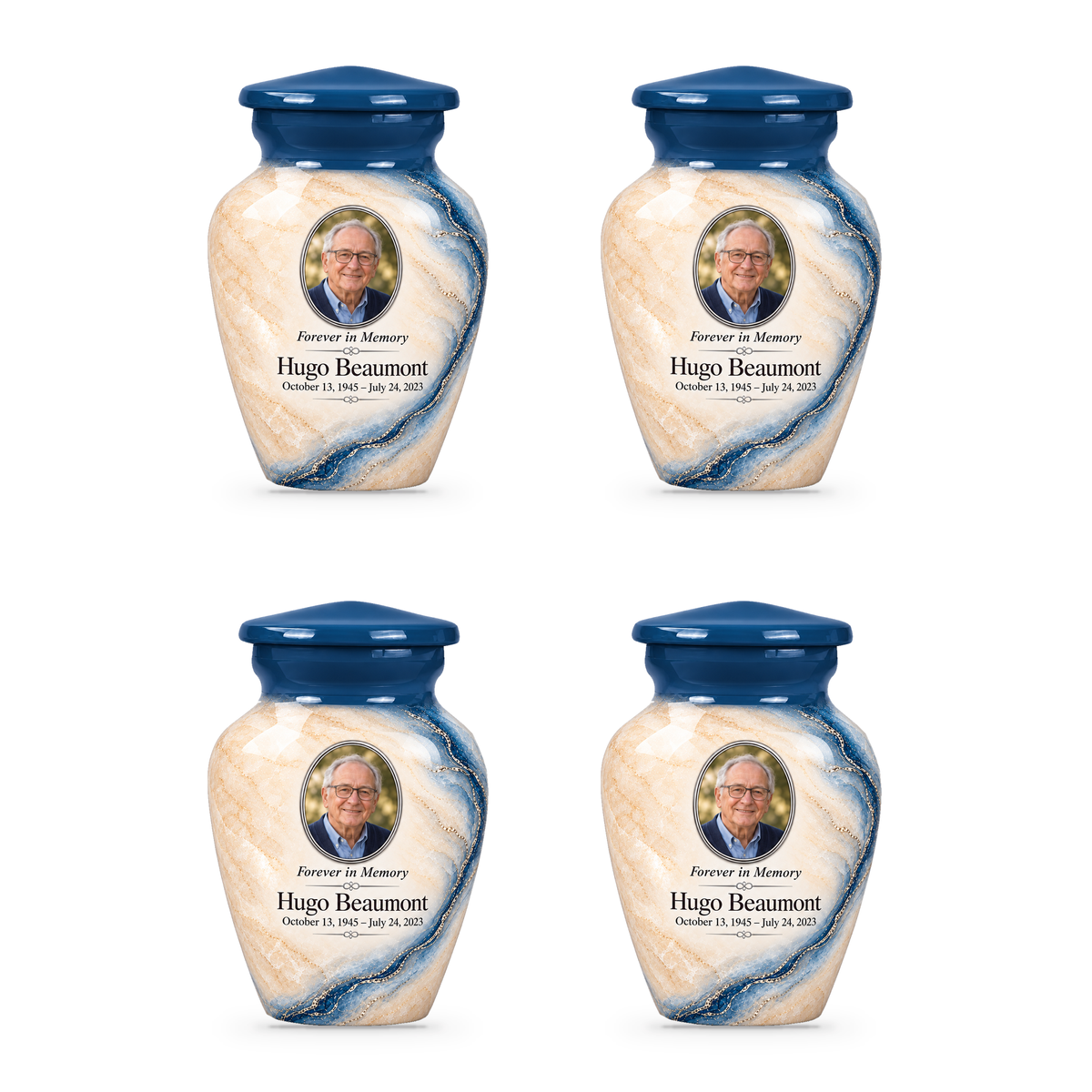 Prussian Driftline set of four keepsake urns with fictional sample photo and text.