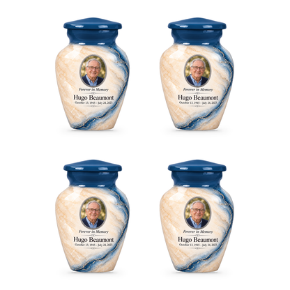 Prussian Driftline set of four keepsake urns with fictional sample photo and text.