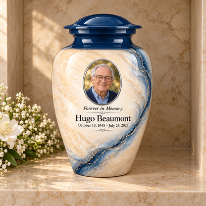 Prussian Driftline adult urn in a columbarium setting with fictional sample photo and text.