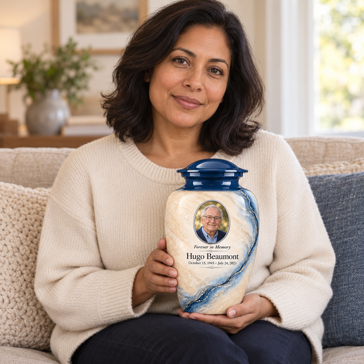 Prussian Driftline adult urn held on a lap with fictional sample photo and text.