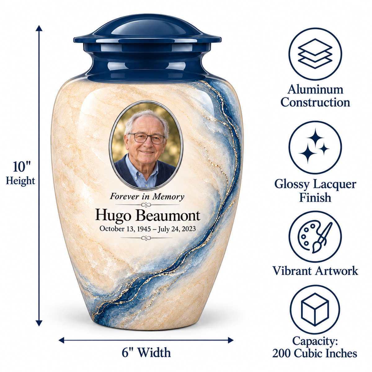 Prussian Driftline adult urn size guide: 10 inches high, 6 inches wide, 200 cubic inches with fictional sample photo and text.