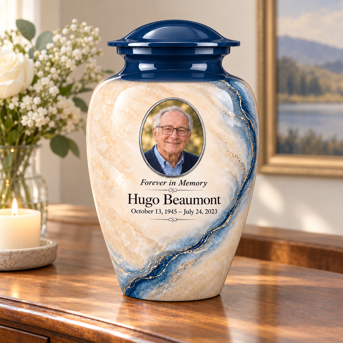 Prussian Driftline adult urn on a memorial console with fictional sample photo and text.