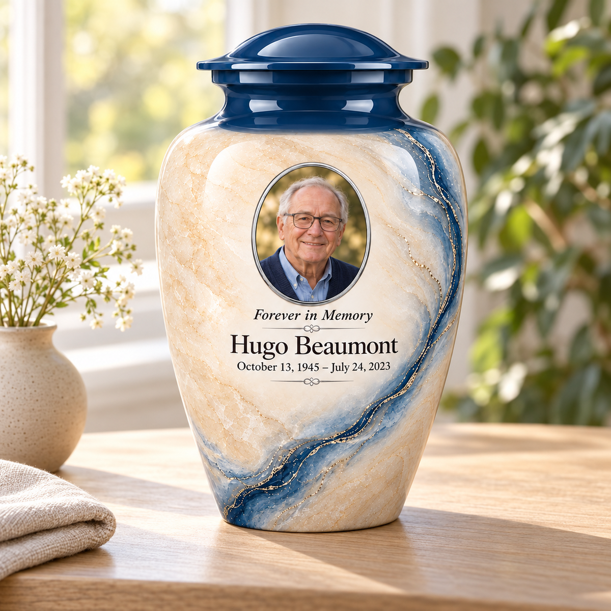 Prussian Driftline adult urn in a sunlit home with fictional sample photo and text.