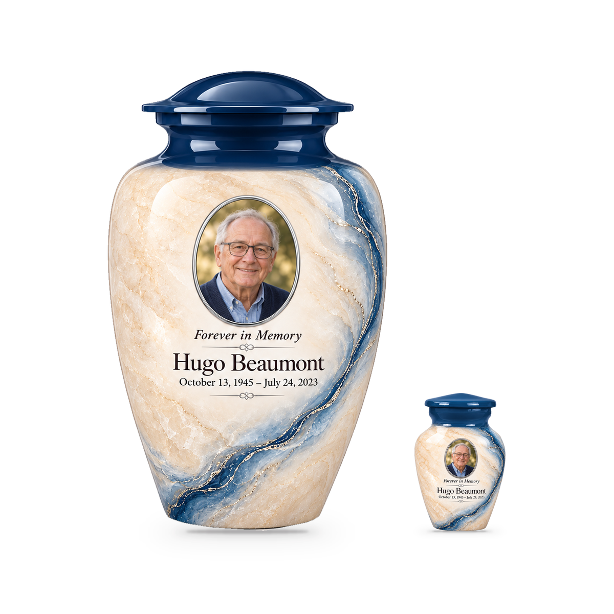 Prussian Driftline adult urn with one keepsake with fictional sample photo and text.