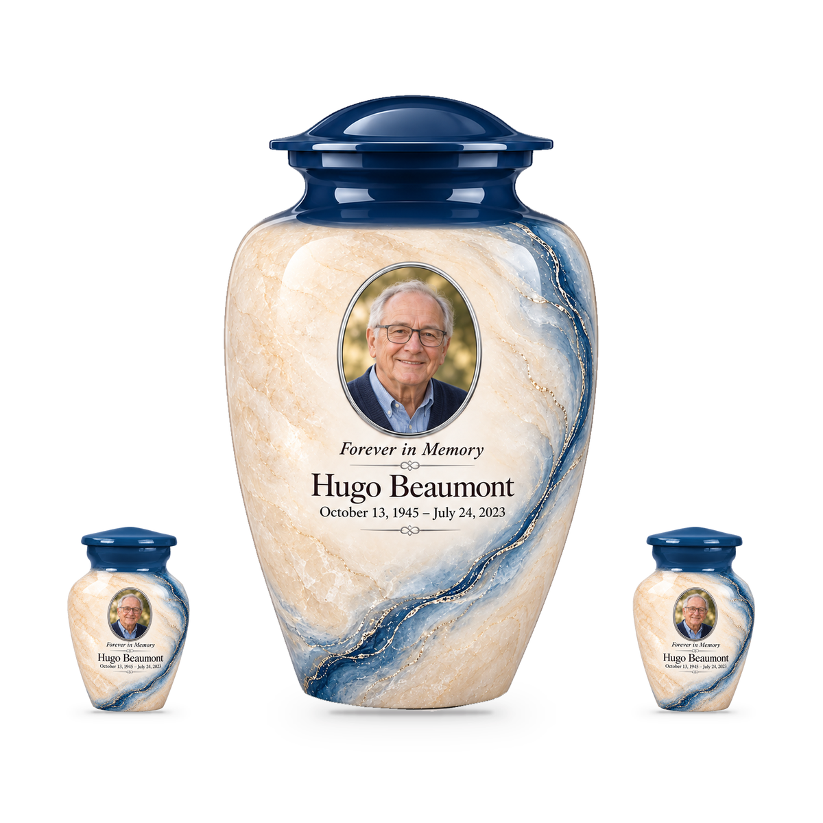 Prussian Driftline adult urn with two keepsakes with fictional sample photo and text.