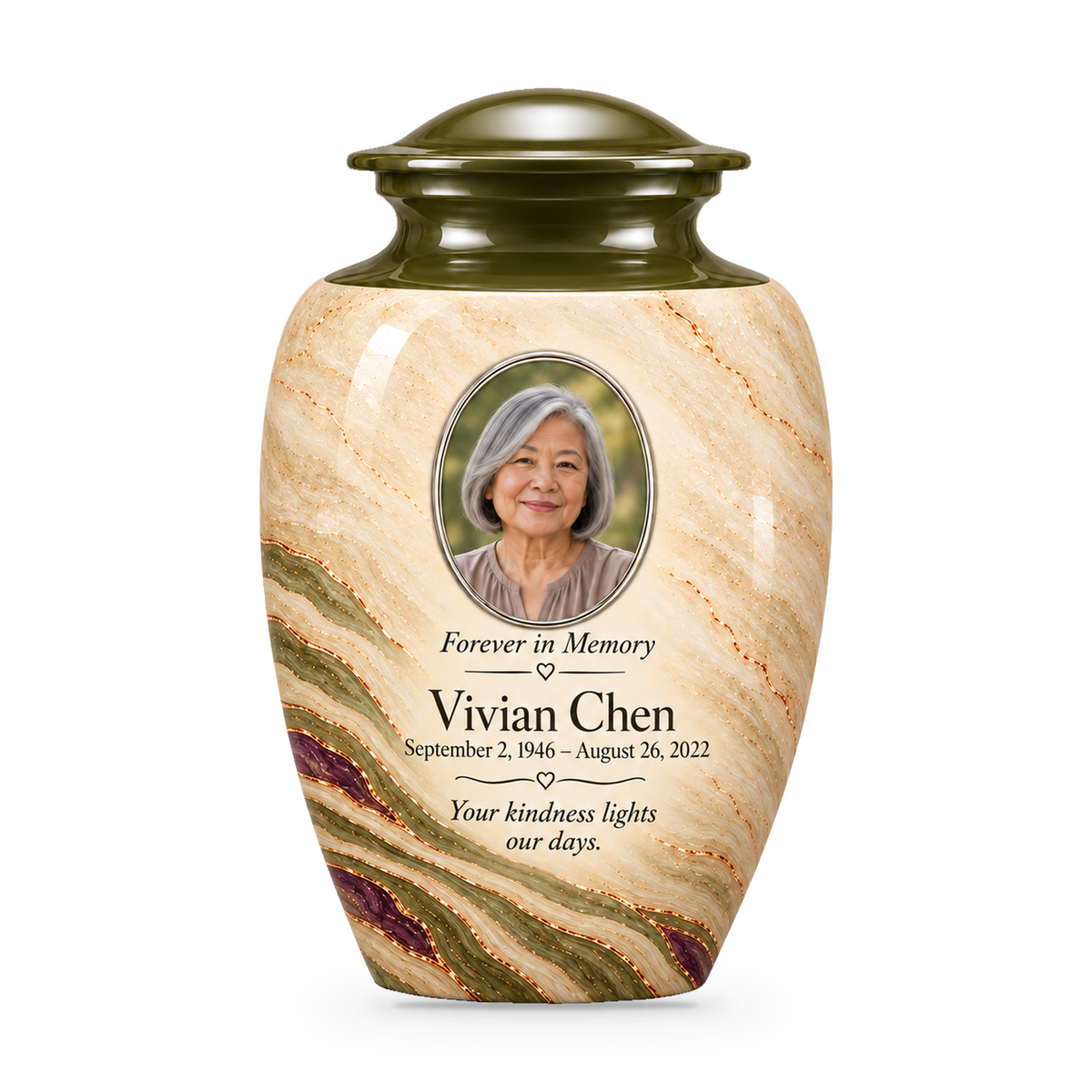 Olive Contour adult urn with fictional sample photo and text.
