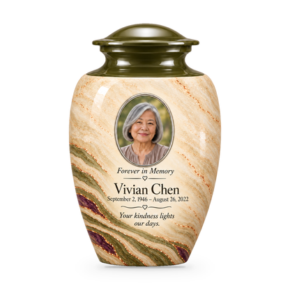 Olive Contour adult urn with fictional sample photo and text.