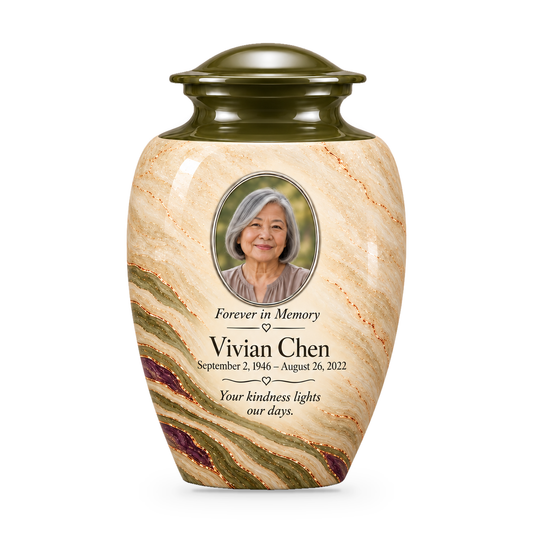 Olive Contour adult urn with fictional sample photo and text.
