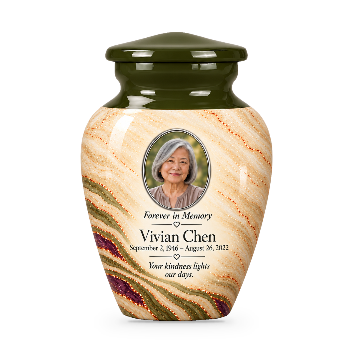 Olive Contour single keepsake urn with fictional sample photo and text.