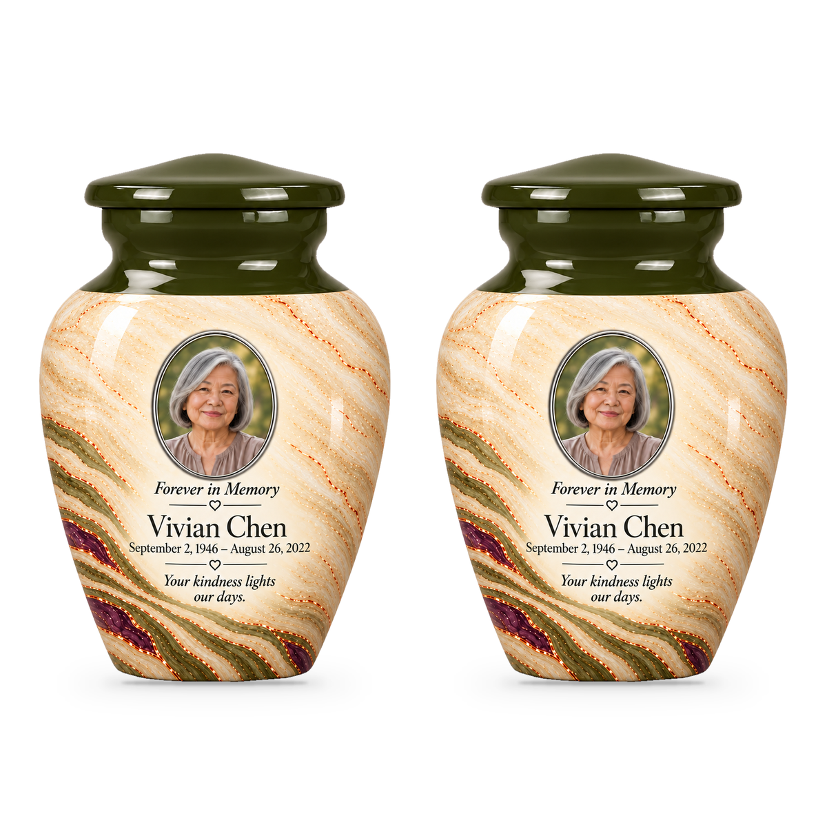 Olive Contour set of two keepsake urns with fictional sample photo and text.