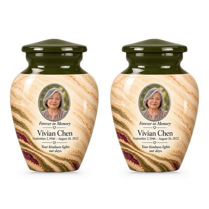 Olive Contour set of two keepsake urns with fictional sample photo and text.