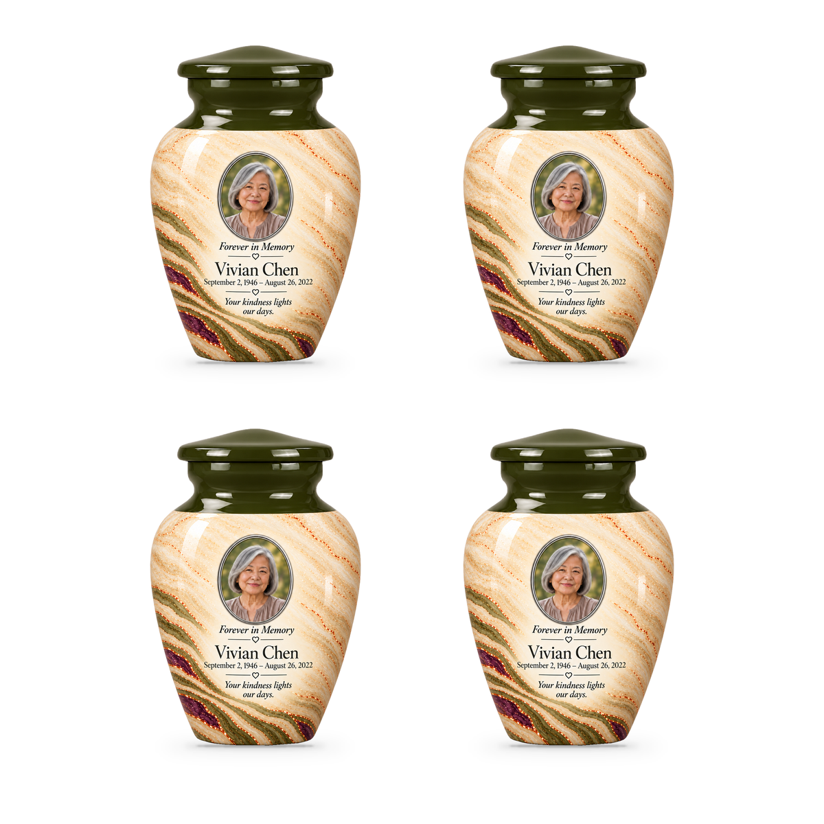 Olive Contour set of four keepsake urns with fictional sample photo and text.
