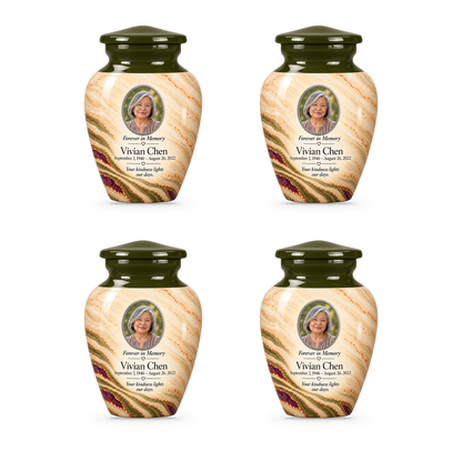 Olive Contour set of four keepsake urns with fictional sample photo and text.