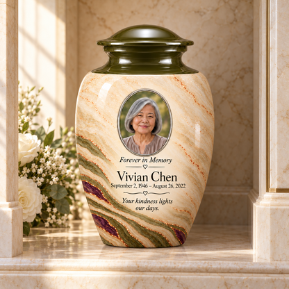 Olive Contour adult urn in a columbarium setting with fictional sample photo and text.