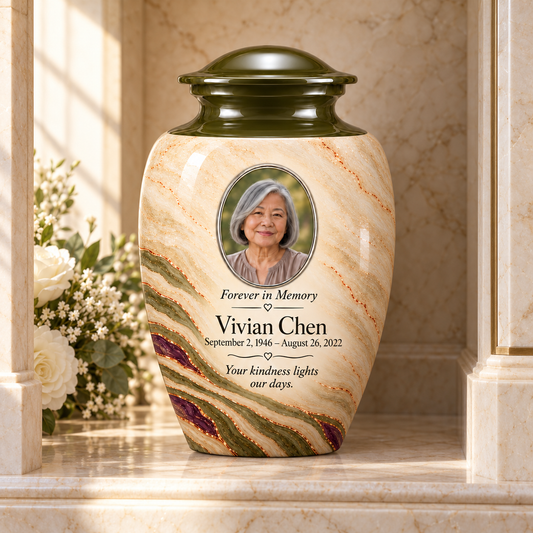Olive Contour adult urn in a columbarium setting with fictional sample photo and text.
