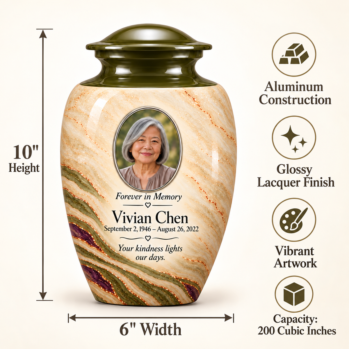 Olive Contour adult urn size guide: 10 inches high, 6 inches wide, 200 cubic inches with fictional sample photo and text.