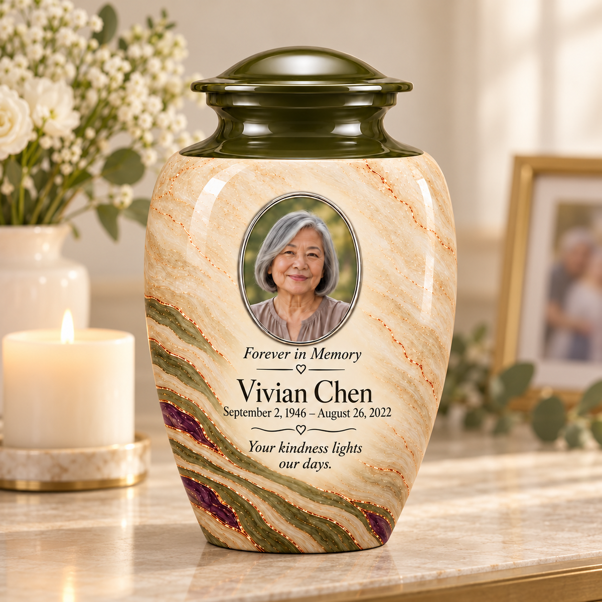 Olive Contour adult urn on a memorial console with fictional sample photo and text.