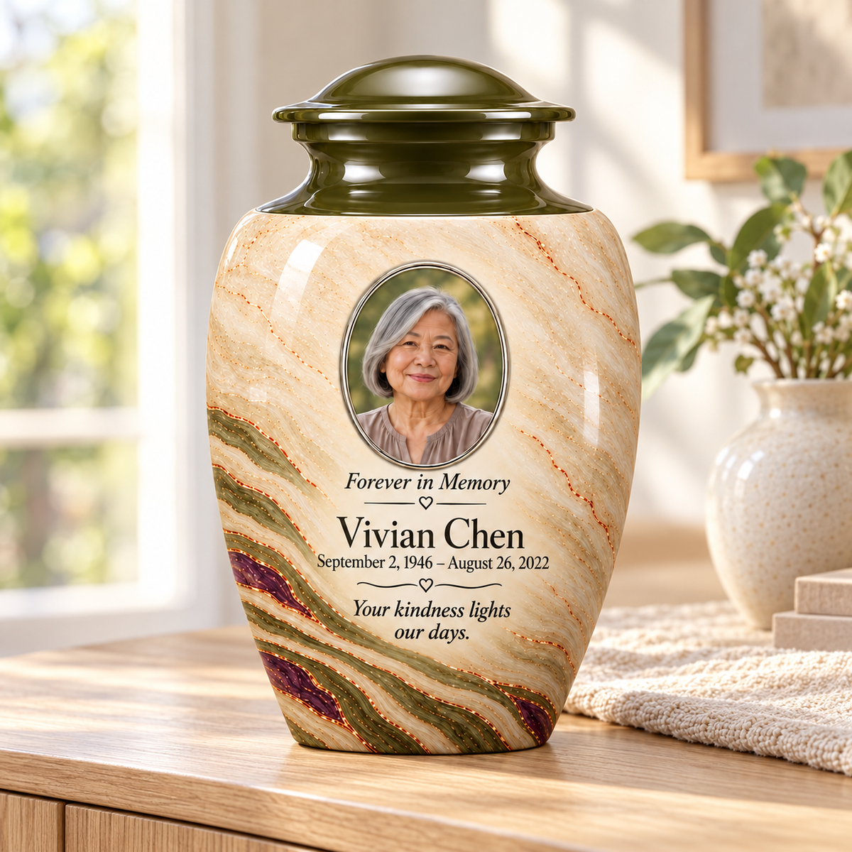Olive Contour adult urn in a sunlit home with fictional sample photo and text.